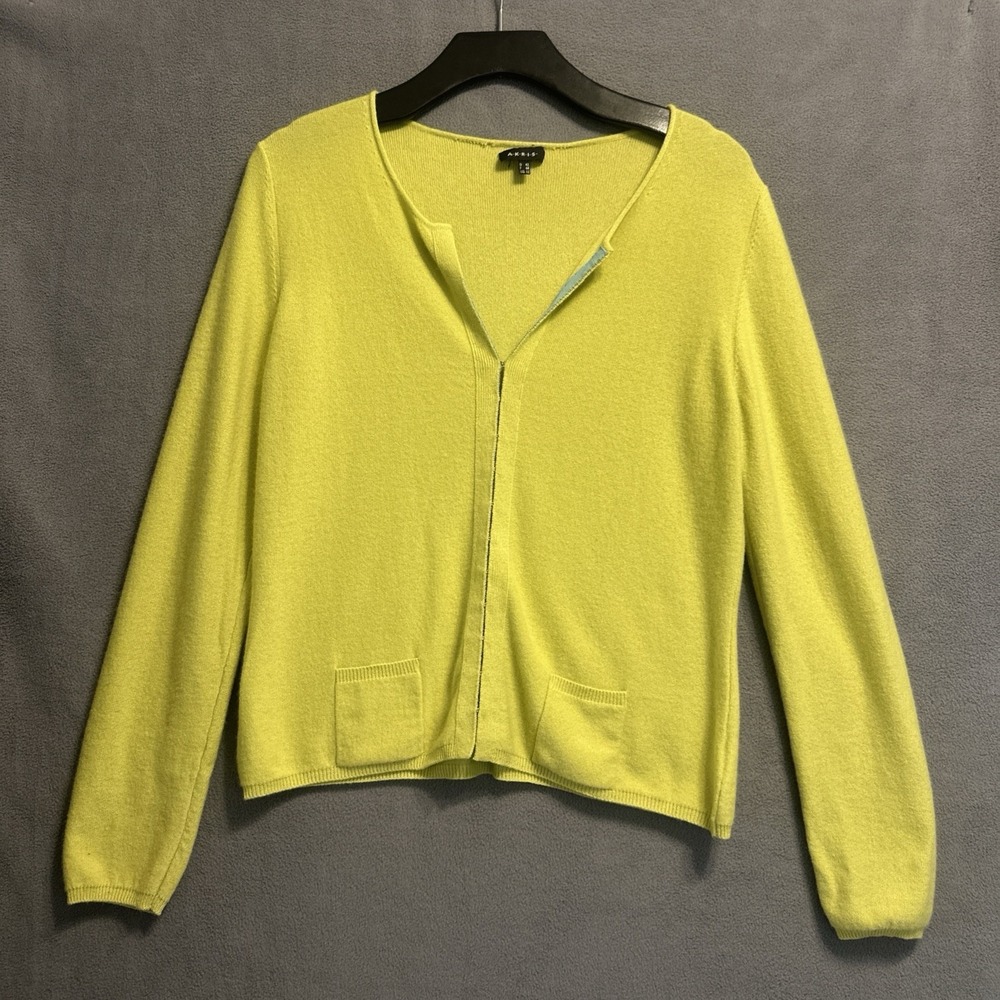 Akris 100% Cashmere Cardigan Sweater Womens Size US 12 Lime Green Preppy Y2K